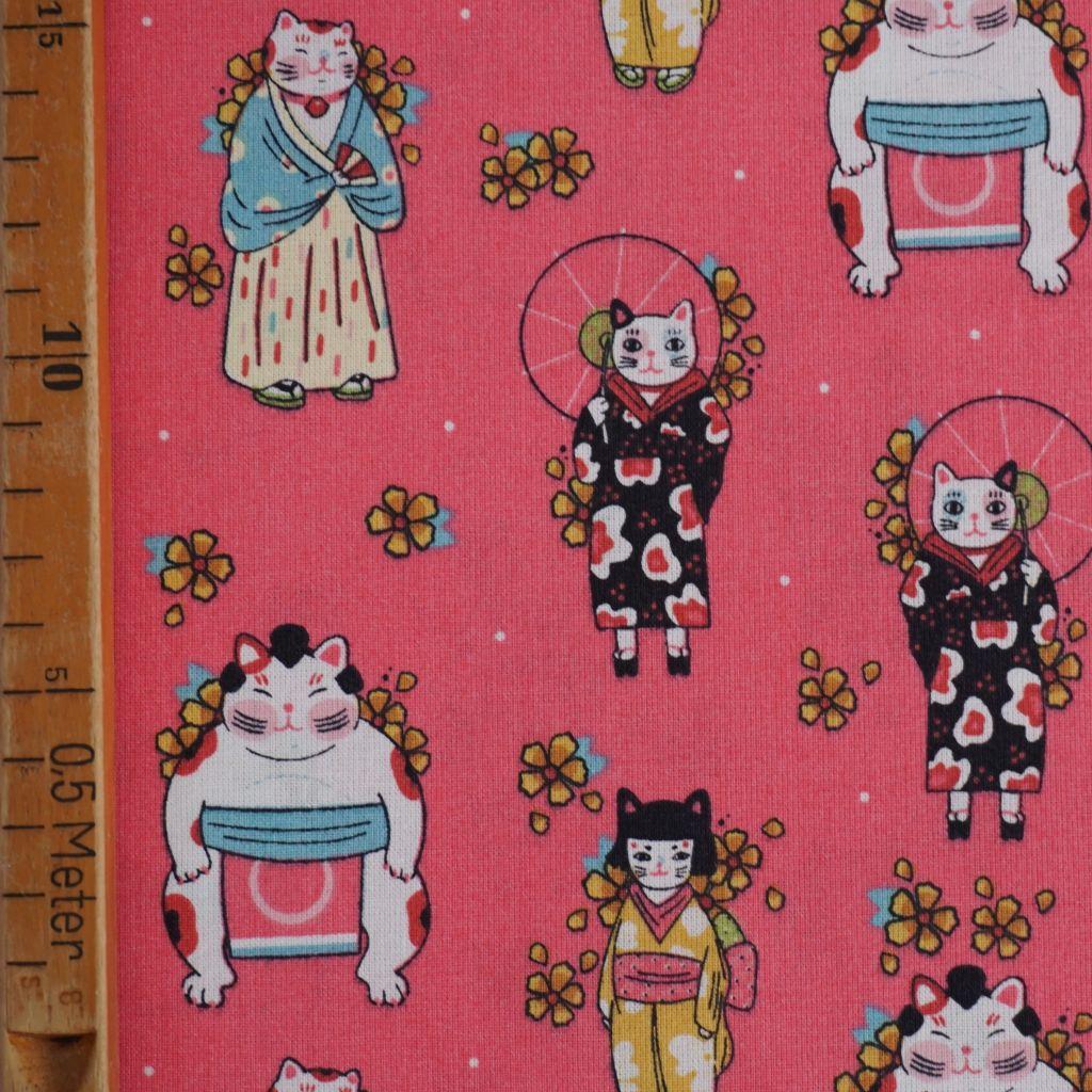 Baumwollstoff Motivdruck Katzen Japanstyle auf bonbonrosa